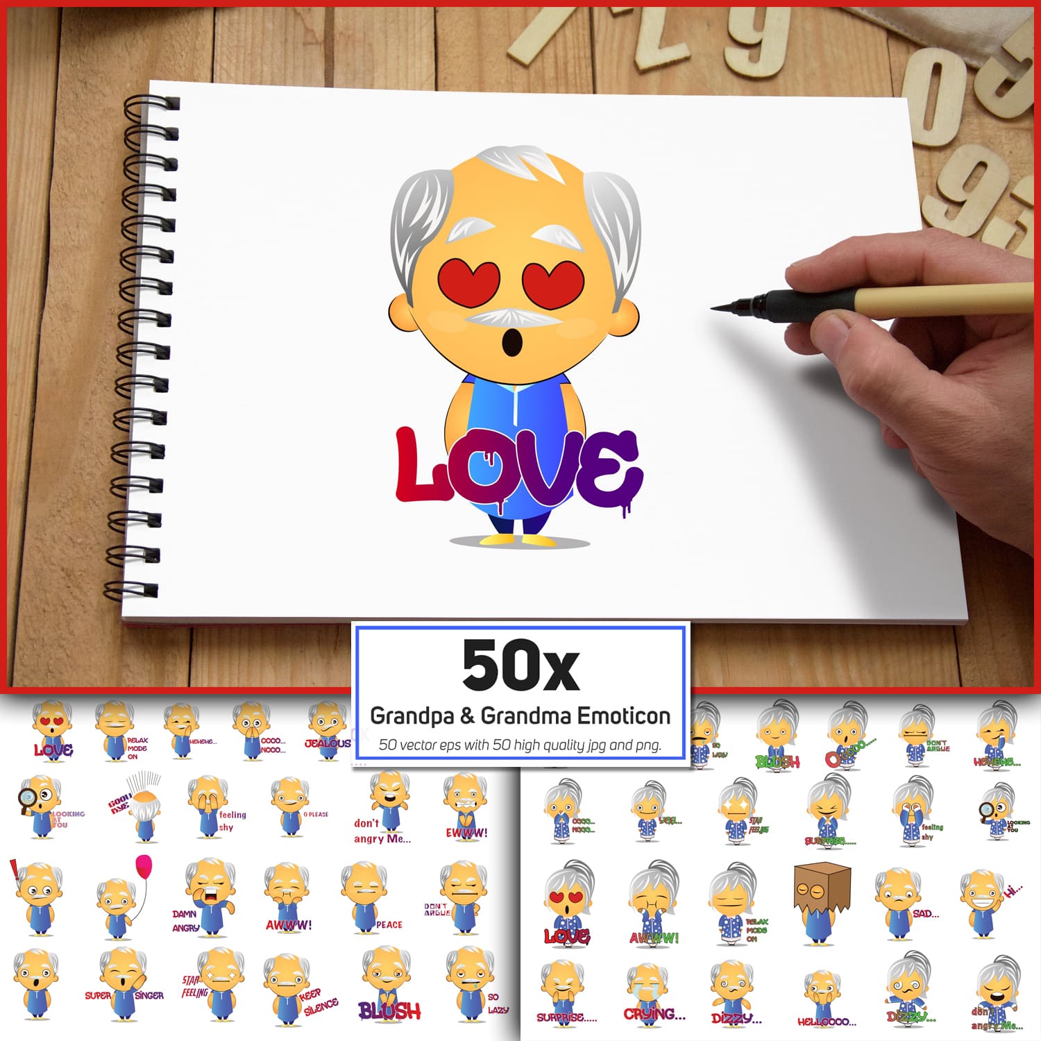 50x Grandpa and Grandma Emoticon and Sticker collection cover.