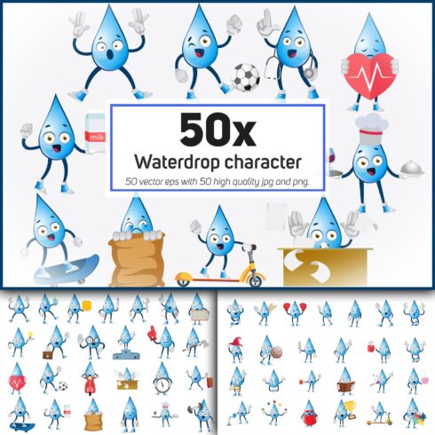 50x Waterdrop character and mascot collection illustration.