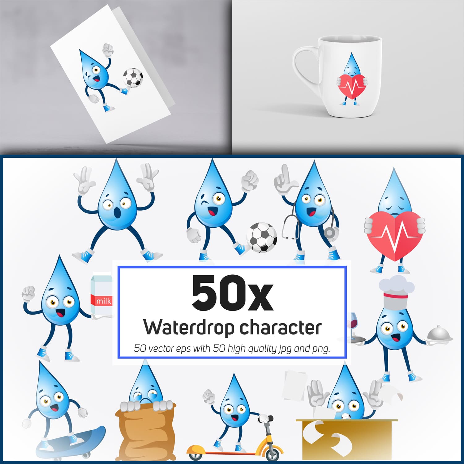 50x Waterdrop character and mascot collection illustration. cover.