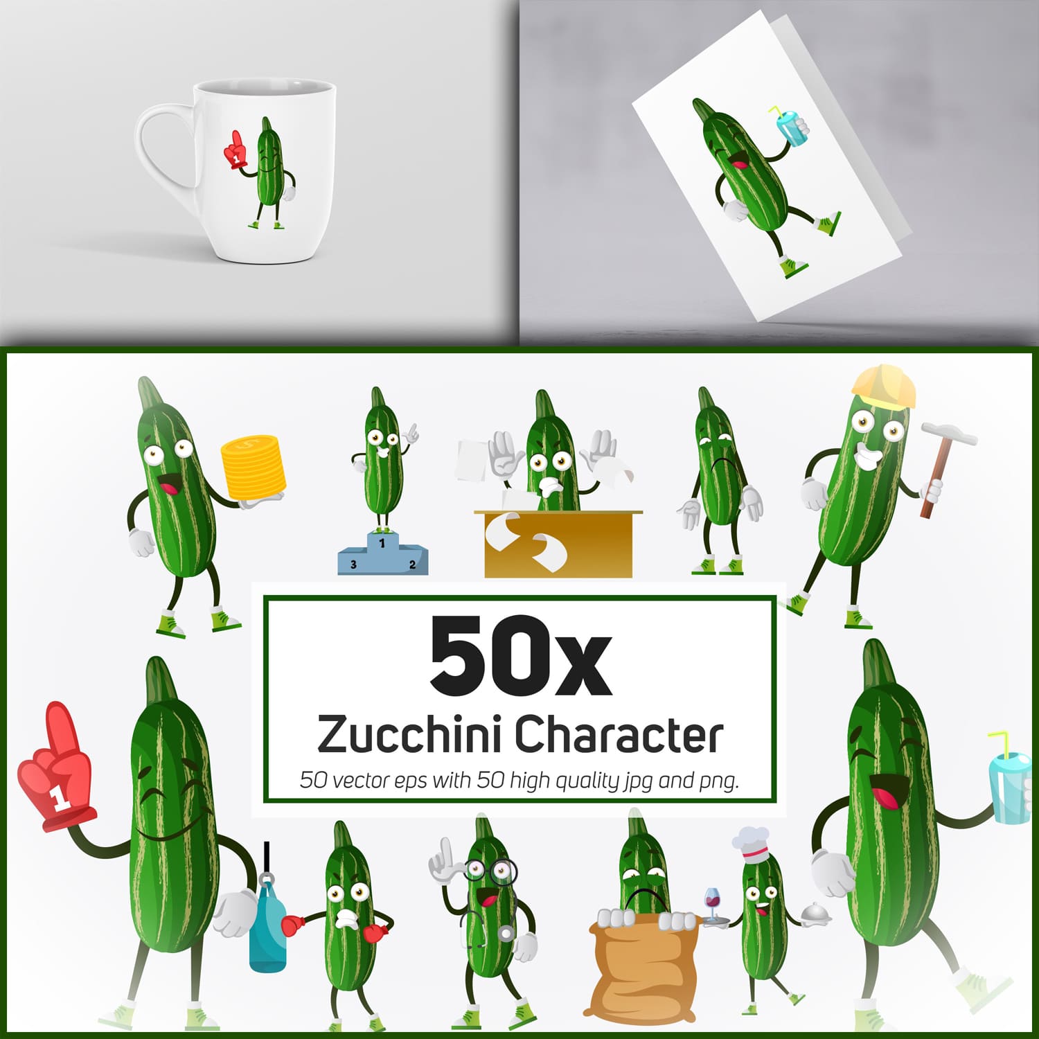 50x Zucchini Character and Mascot Collection illustration. cover.