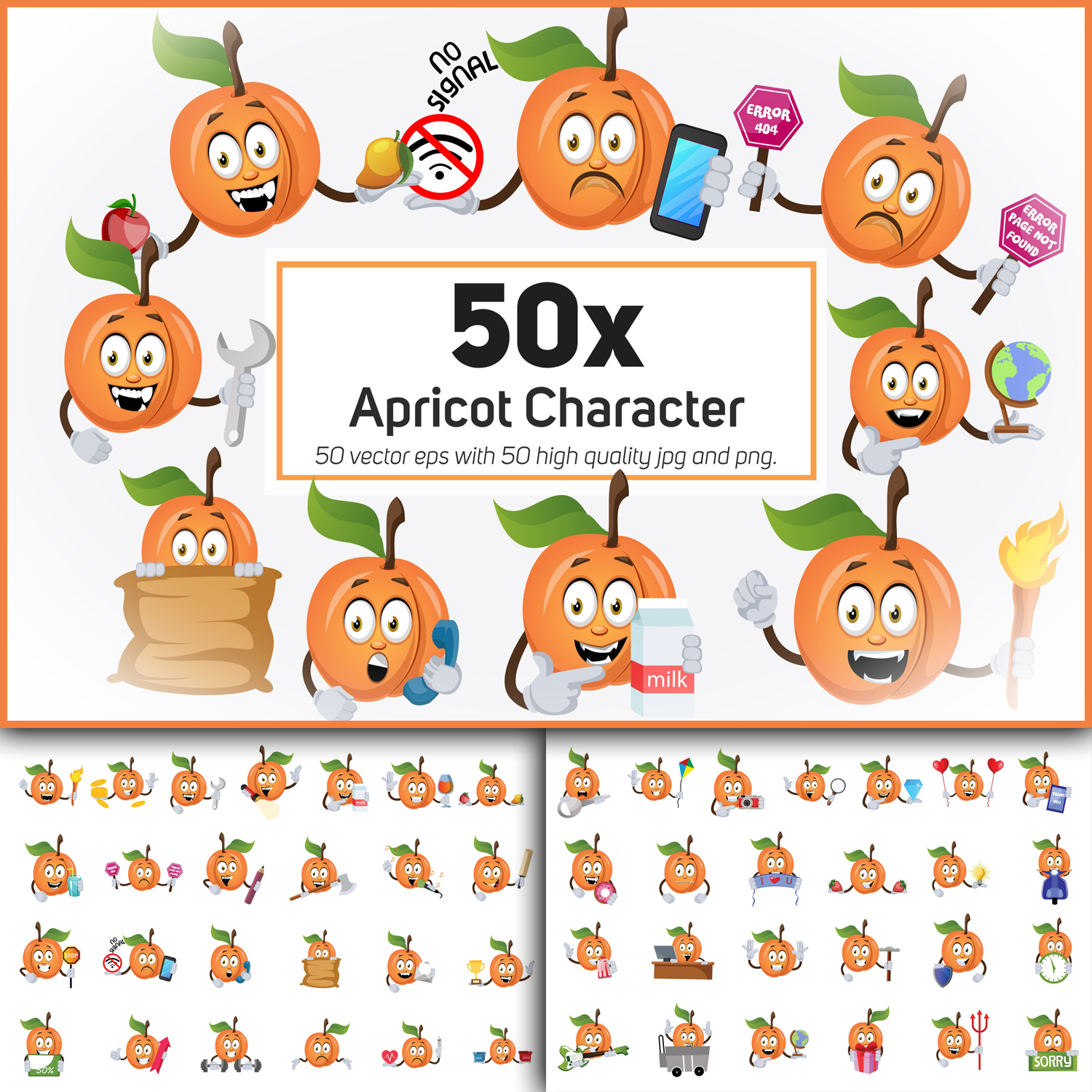 50x Apricot Character and Mascot Collection illustration. cover.