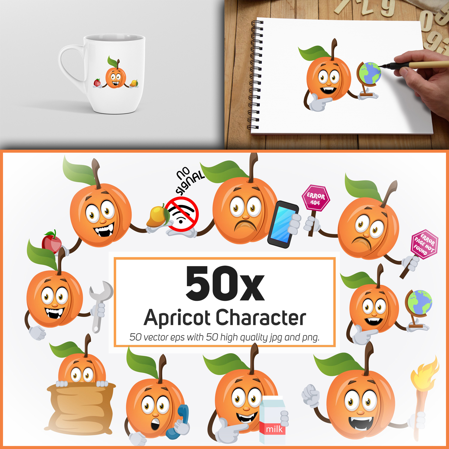 50x Apricot Character and Mascot Collection illustration.