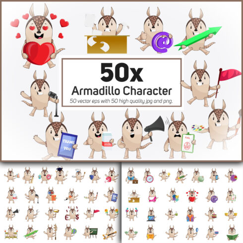 50x Armadillo Character and Mascot Collection illustration.