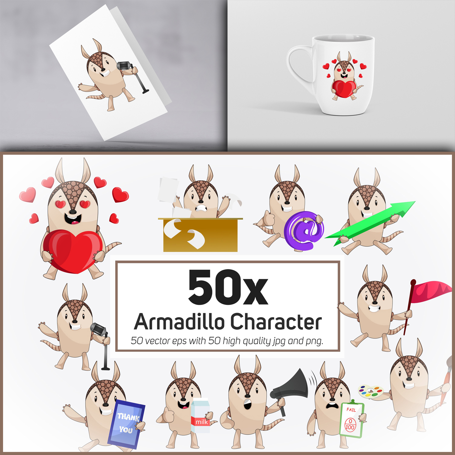 50x Armadillo Character and Mascot Collection illustration. cover.