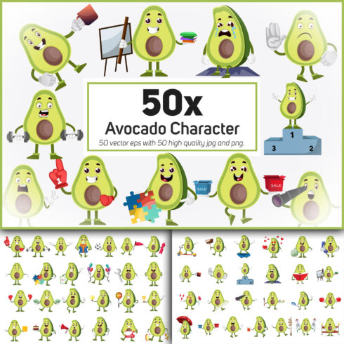 50x Avocado Character and Mascot Collection illustration.