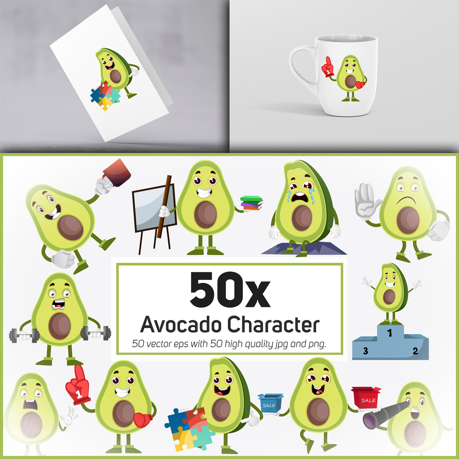 50x Avocado Character and Mascot Collection illustration. cover.