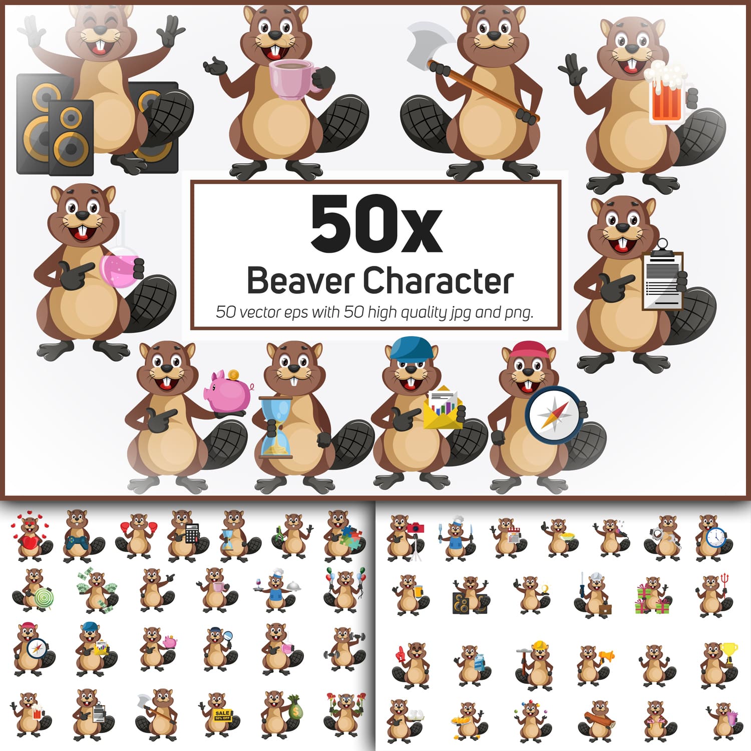 50x Beaver Character and Mascot Collection illustration. cover.