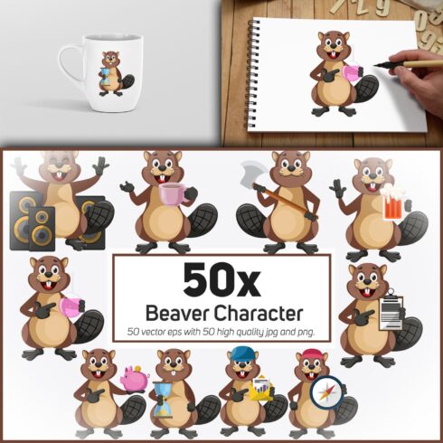 50x Beaver Character and Mascot Collection illustration.