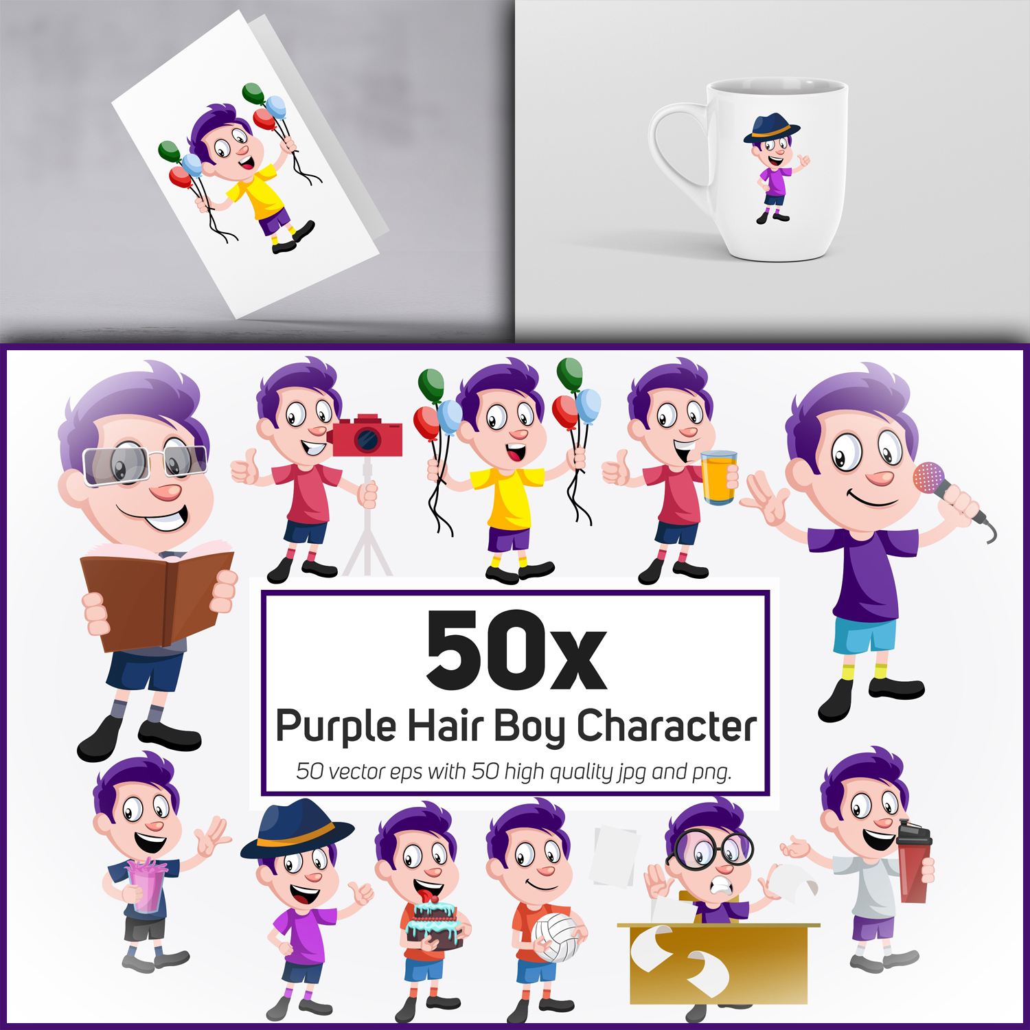 50x Purple Hair Boy Character and Daily Life action cover.