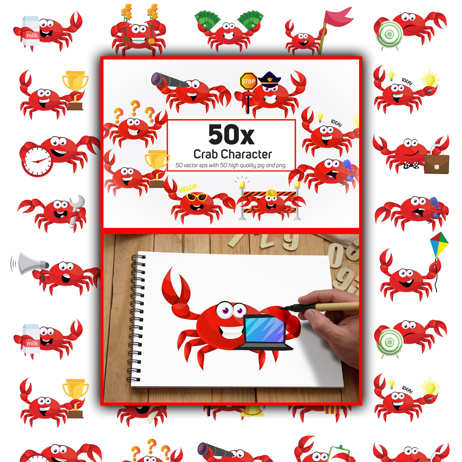 50x Crab Character and Mascot collection illustration.