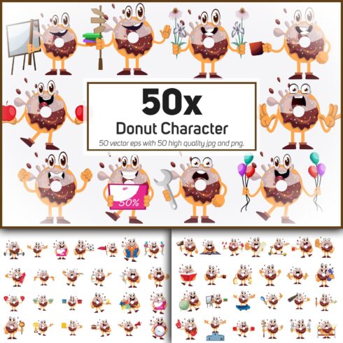 50x Donut Character and Mascot Collection illustration.