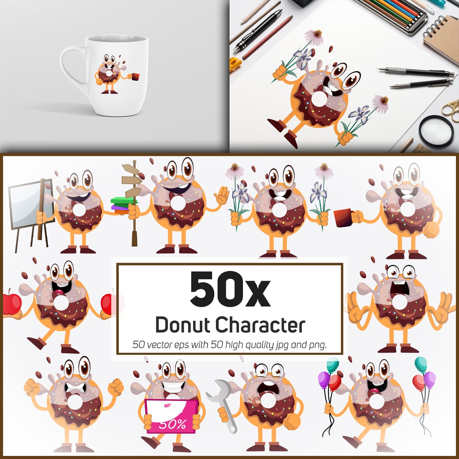 50x Donut Character and Mascot Collection illustration. cover.