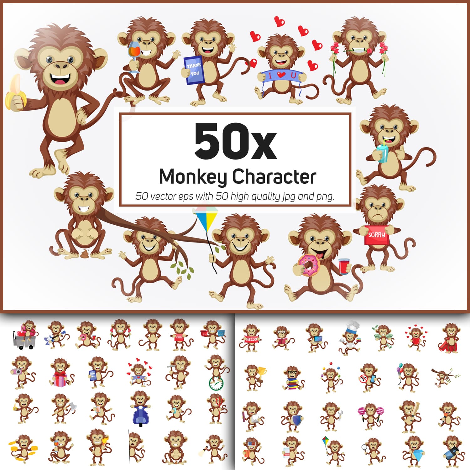 50x Monkey Character or Mascot collection illustration.