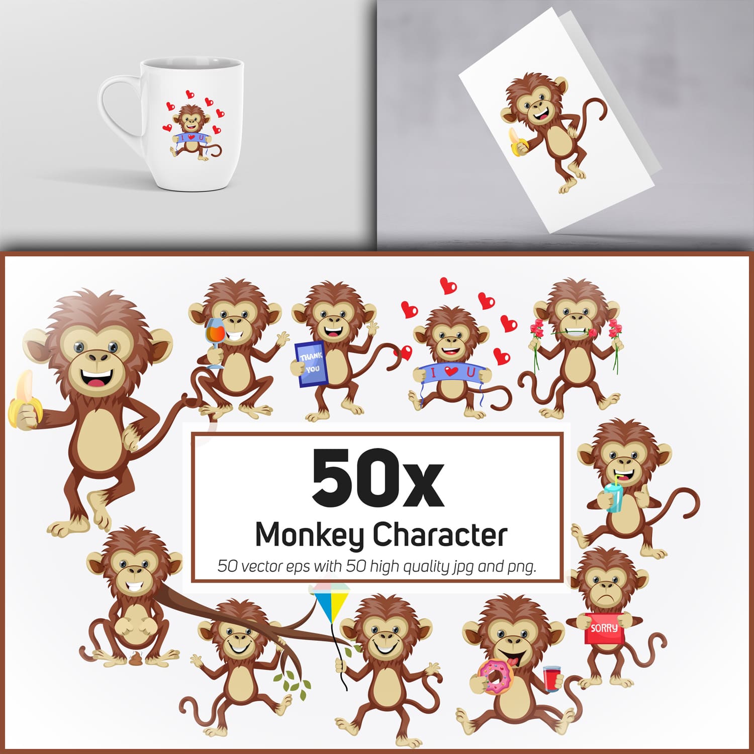 50x Monkey Character or Mascot collection illustration. cover.