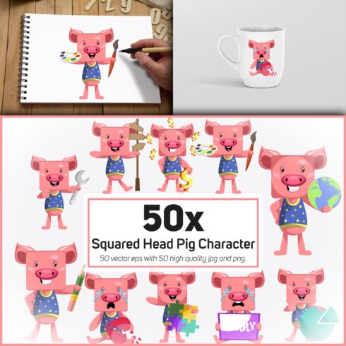 50x Squared Head Pig Character and Mascot Collection.