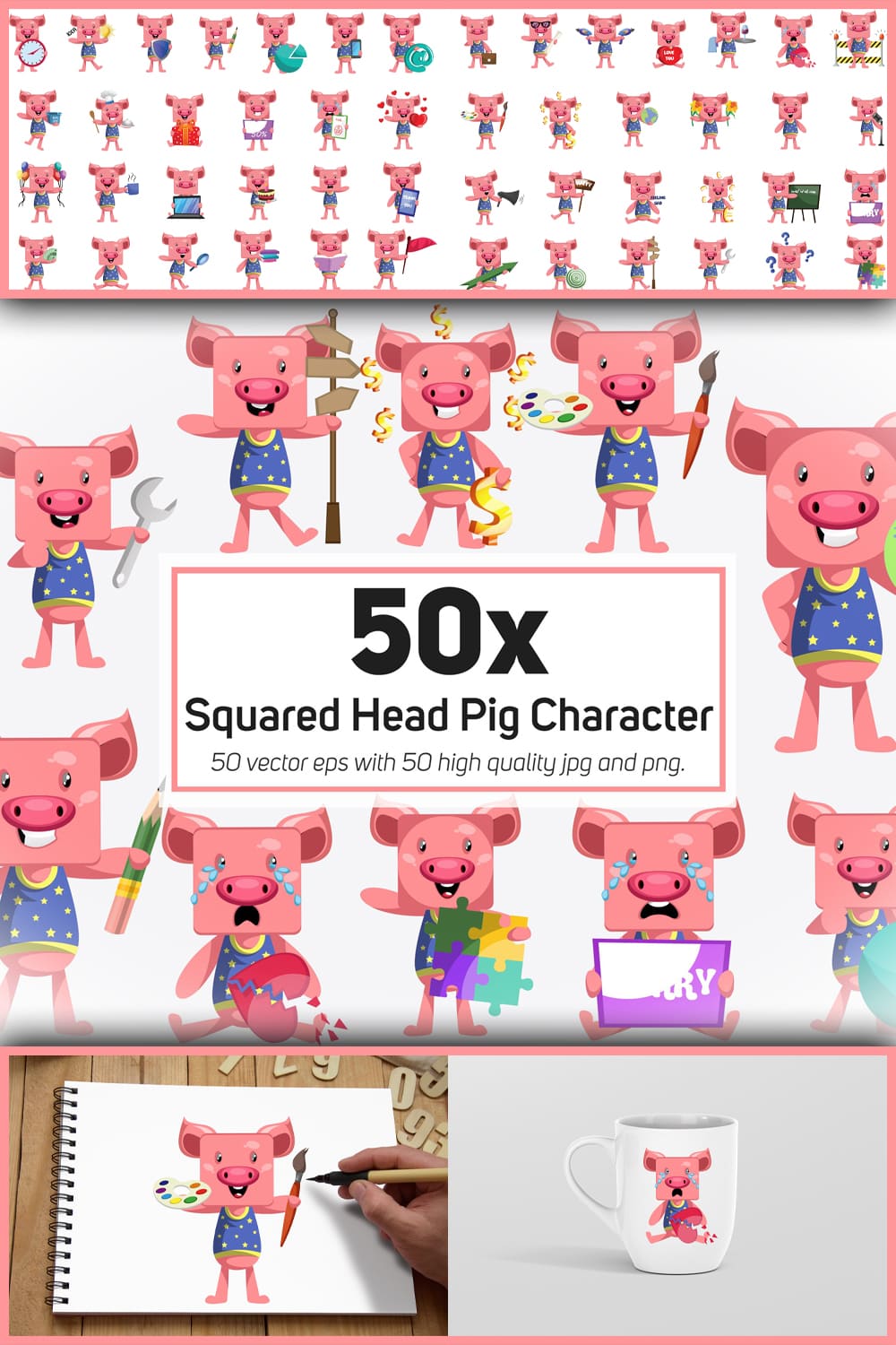 545163 50x squared head pig character and mascot collecti pinterest 1000 1500 123