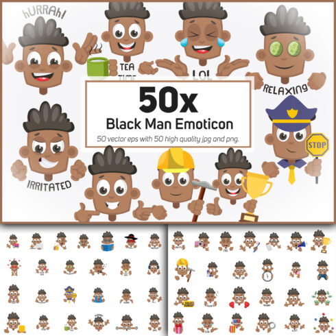 50x Black Man Emoticon or Sticker character collection.