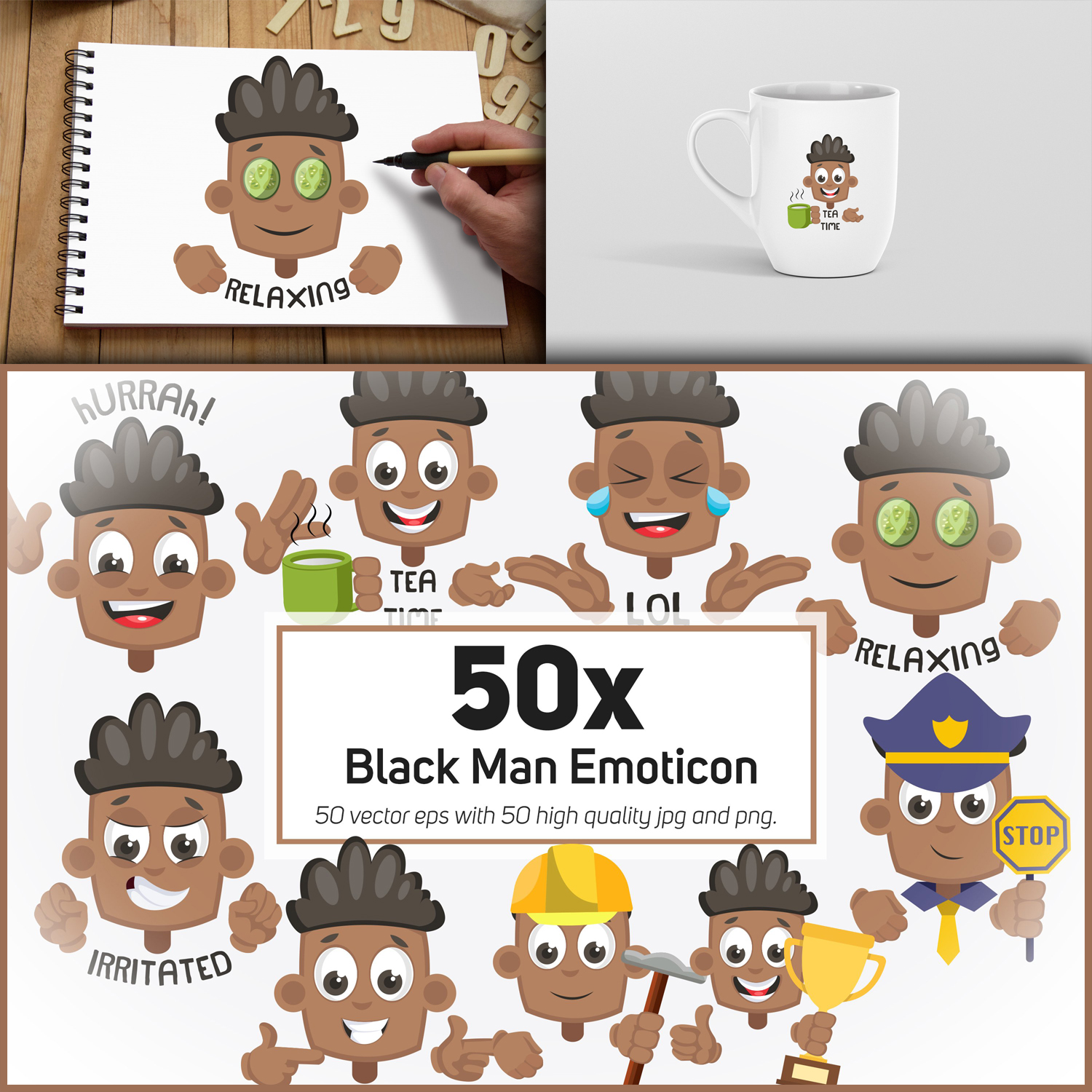 50x Black Man Emoticon or Sticker character collection cover.