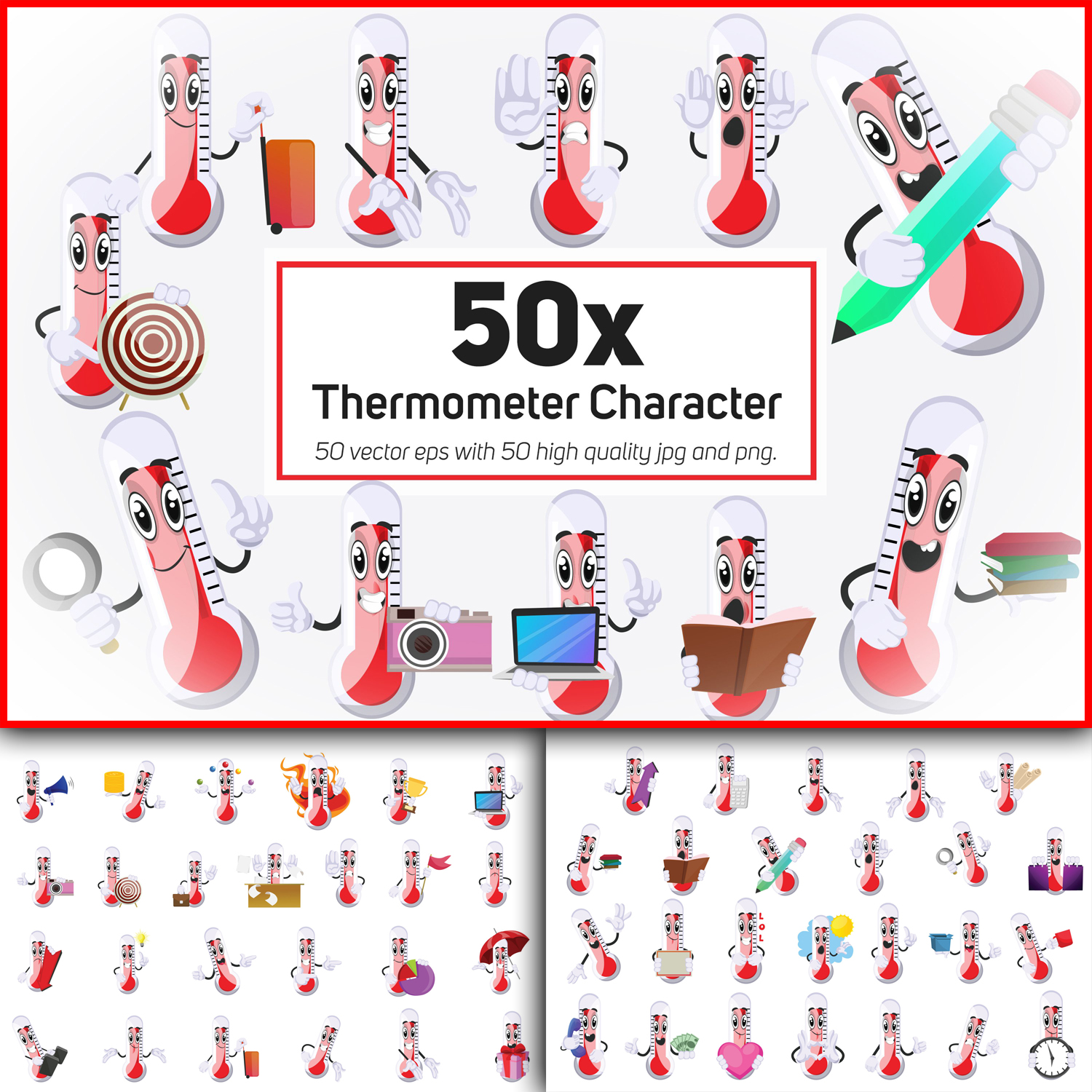 50x Thermometer Character or Mascot collection illustration.