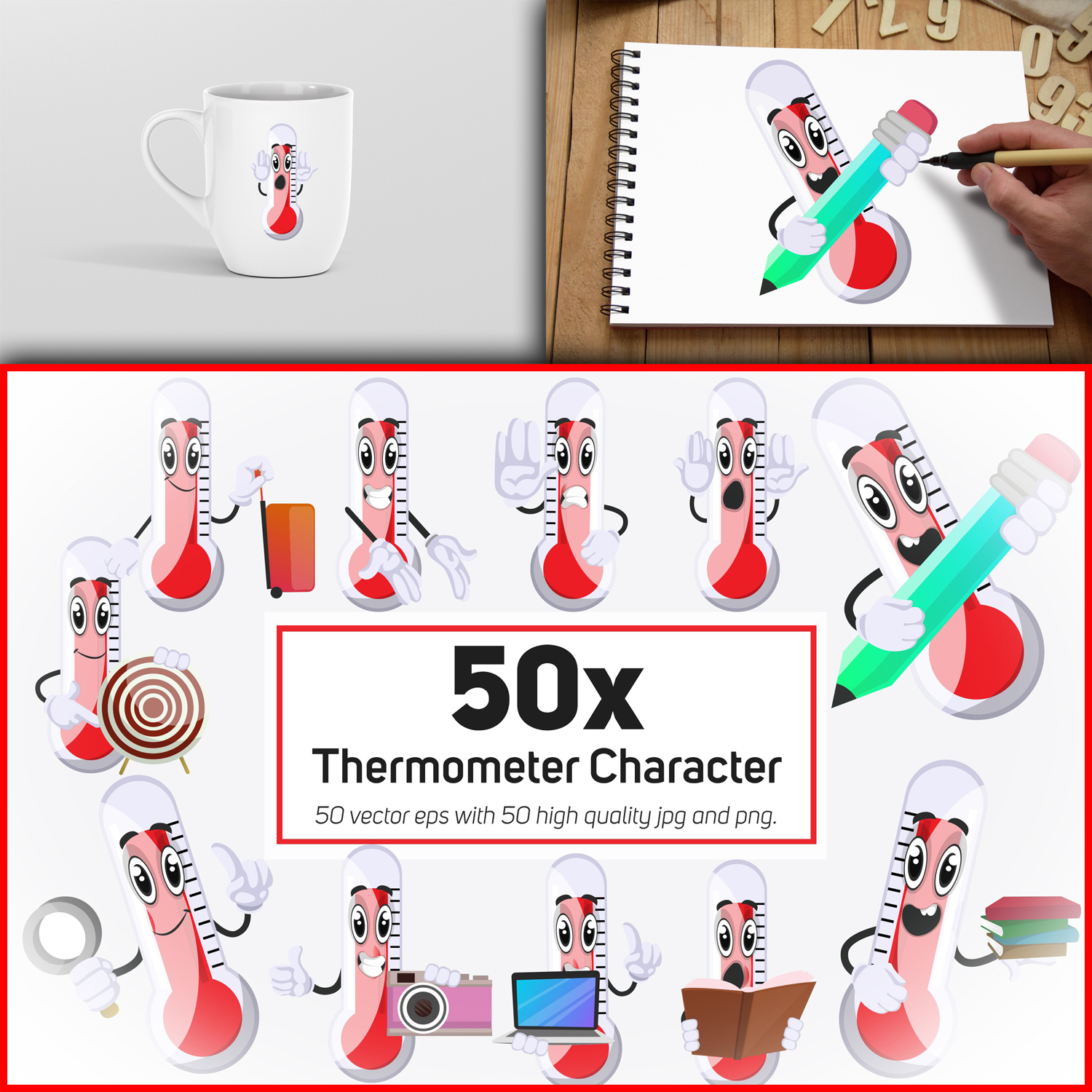 50x Thermometer Character or Mascot collection illustration. cover.