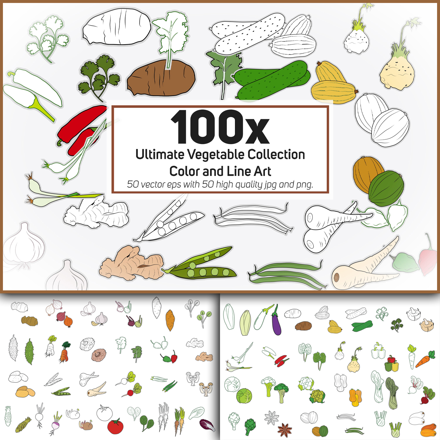100x Ultimate Vegetable Collection - Color and Line Art cover.