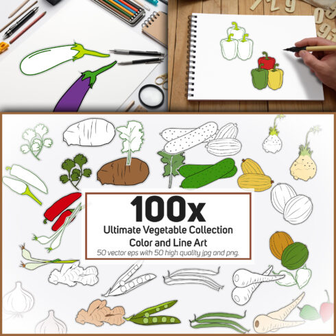 100x Ultimate Vegetable Collection - Color and Line Art.