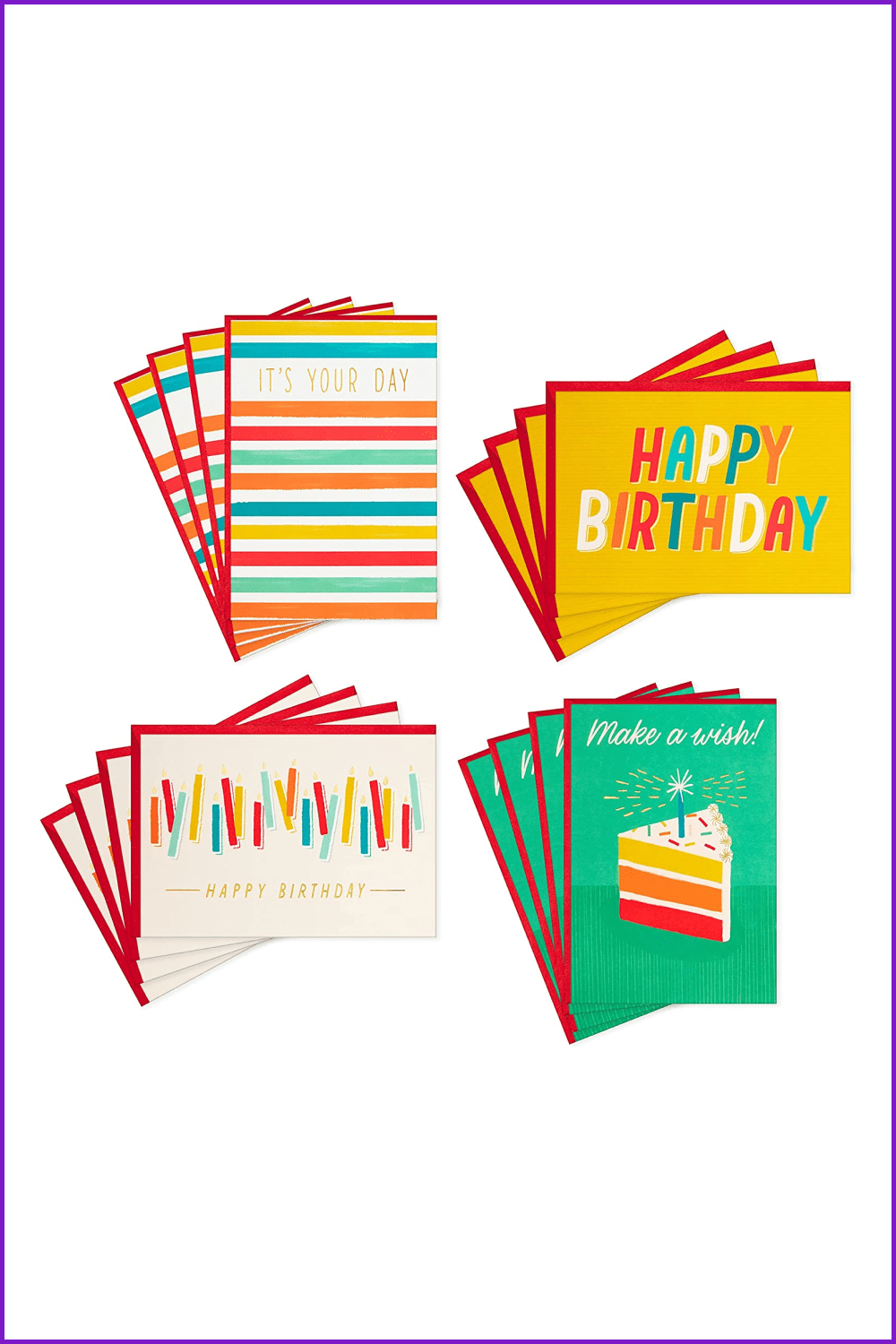 Collage of colorful birthday cards with cake and candles.