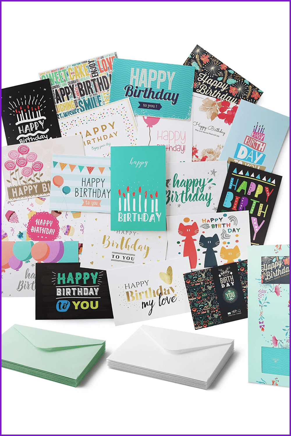 Photo of a variety of birthday cards next to envelopes.