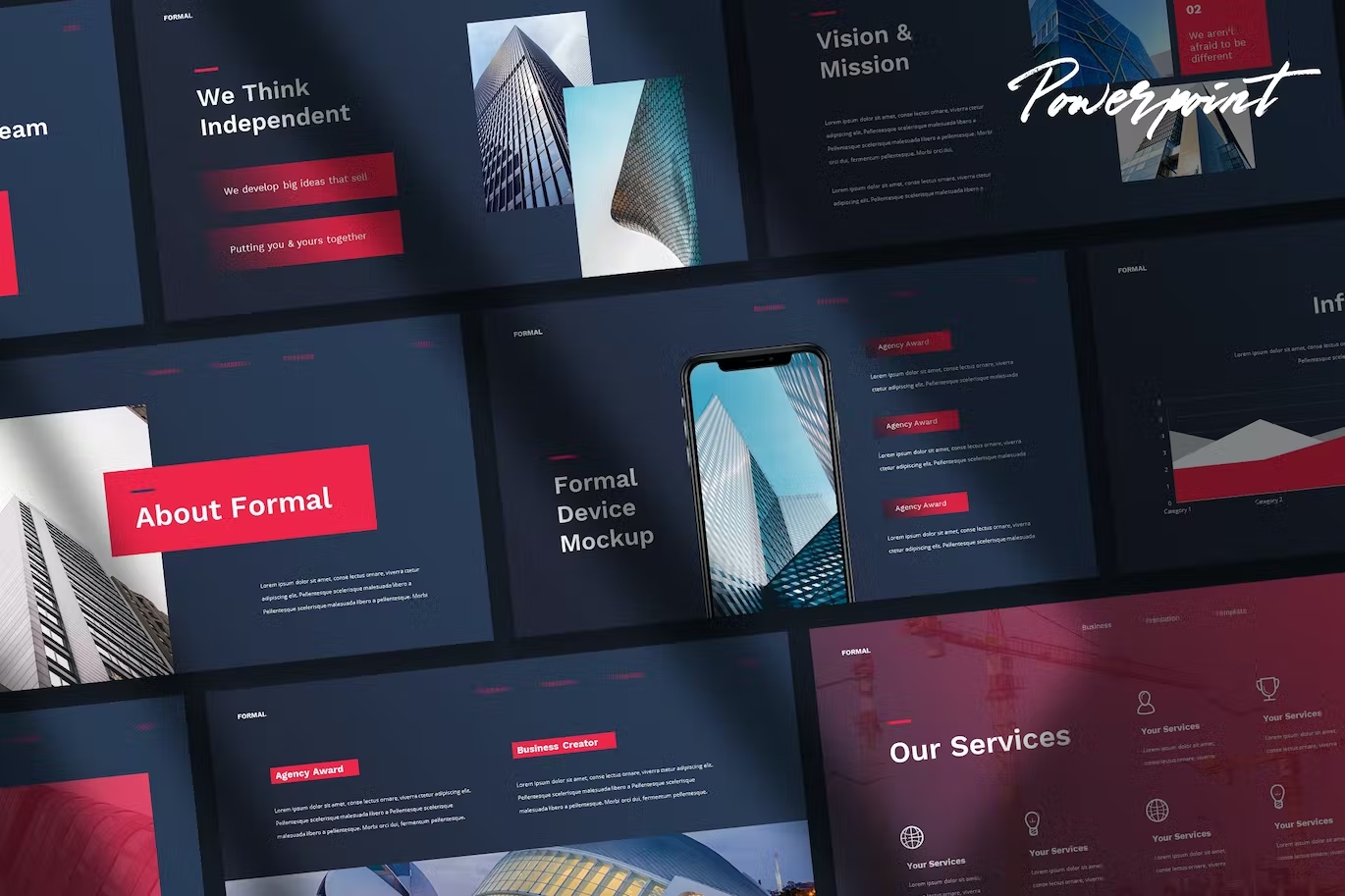 Red and dark blue formal - tech business PowerPoint template.