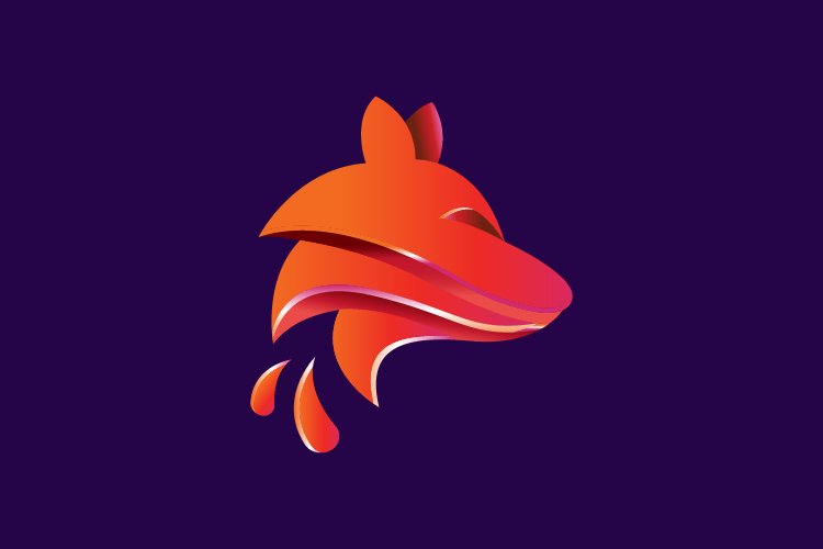 A red and orange 3D fox face vector logo on a dark blue background.