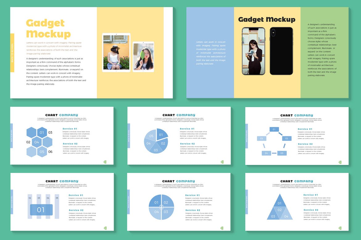 It includes gadget mockups and colorful infographics.