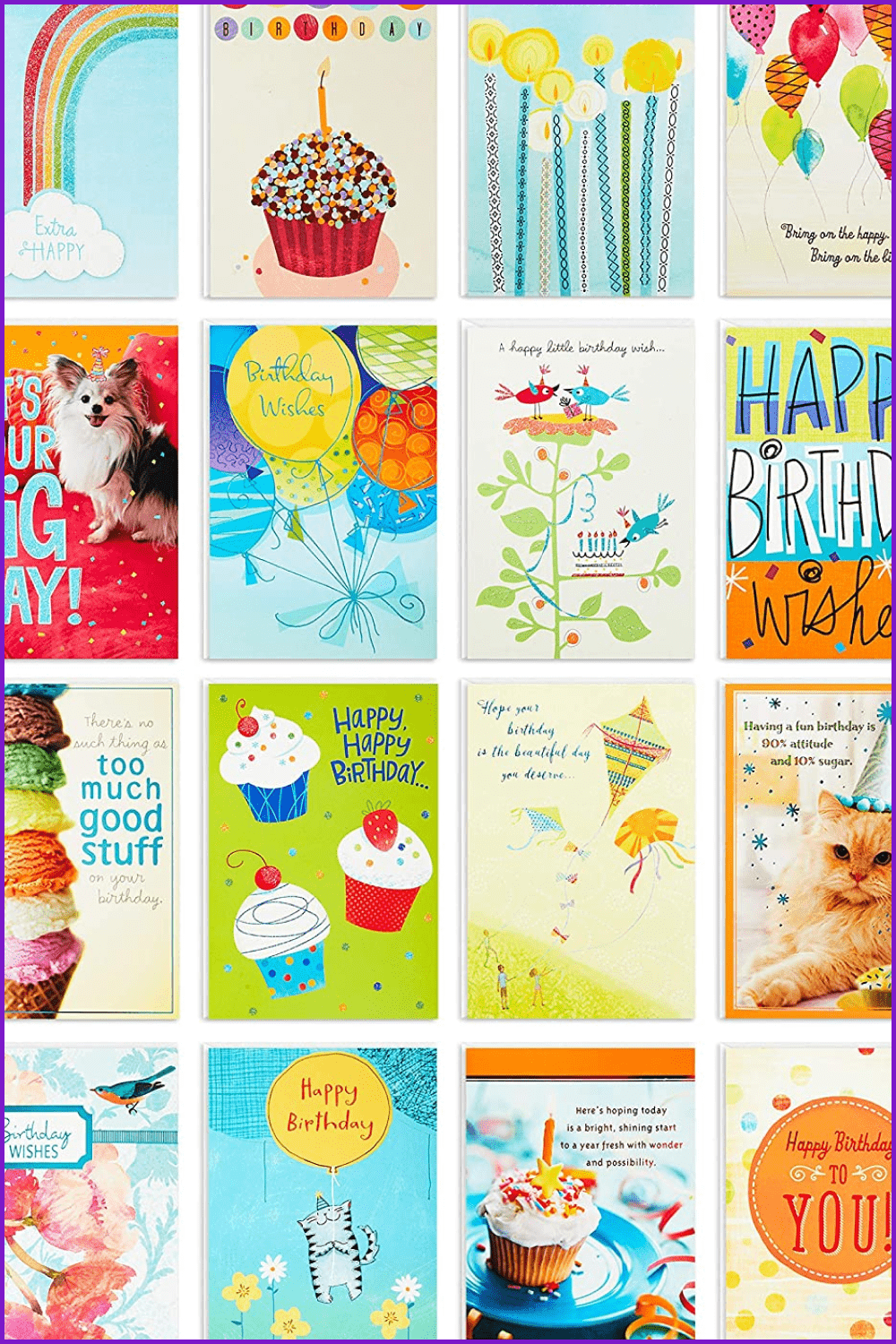 Collage of birthday cards with balloons, candles, cakes and animals.