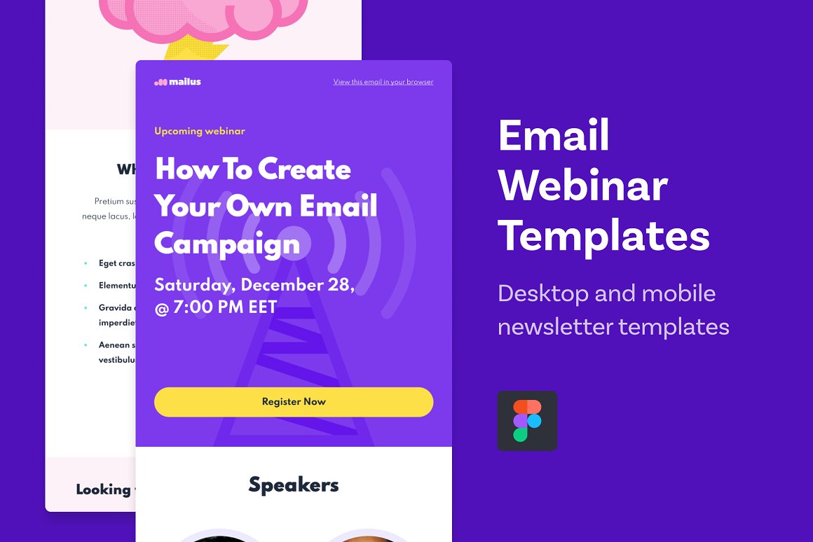 White lettering "Email Webinar Templates", logo "Figma" and 2 different webinar email templates on a blue background in desktop version.