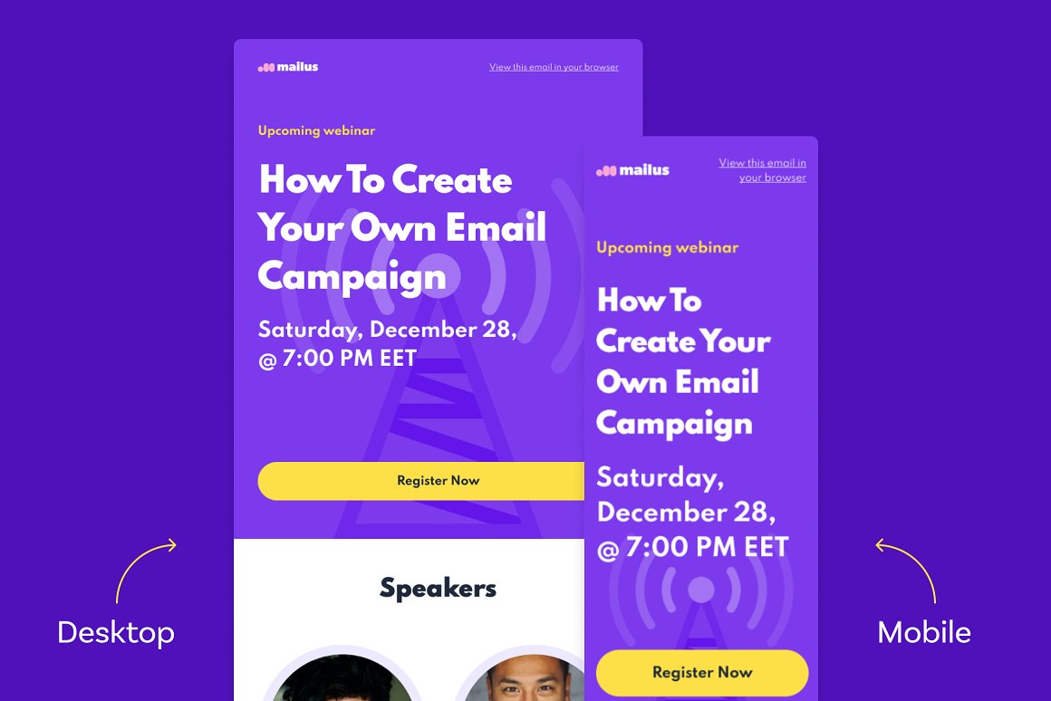 Webinar email template with "How to create your own email campaign" text on a blue background in mobile and desktop versions.