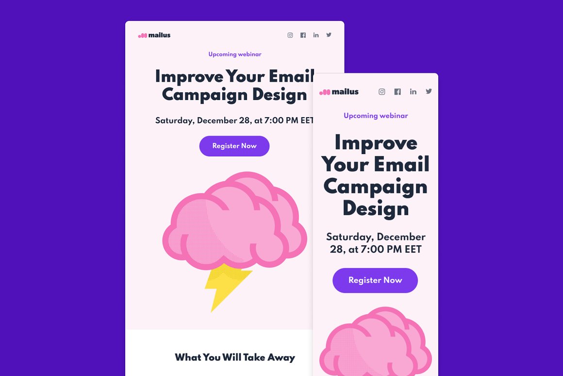 Webinar email template with "Improve the design of your email newsletter" text on a blue background in mobile and desktop versions.