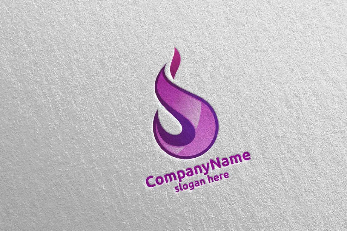 A purple 3D fire flame element logo and purple lettering "CompanyName slogan here" on a gray background.