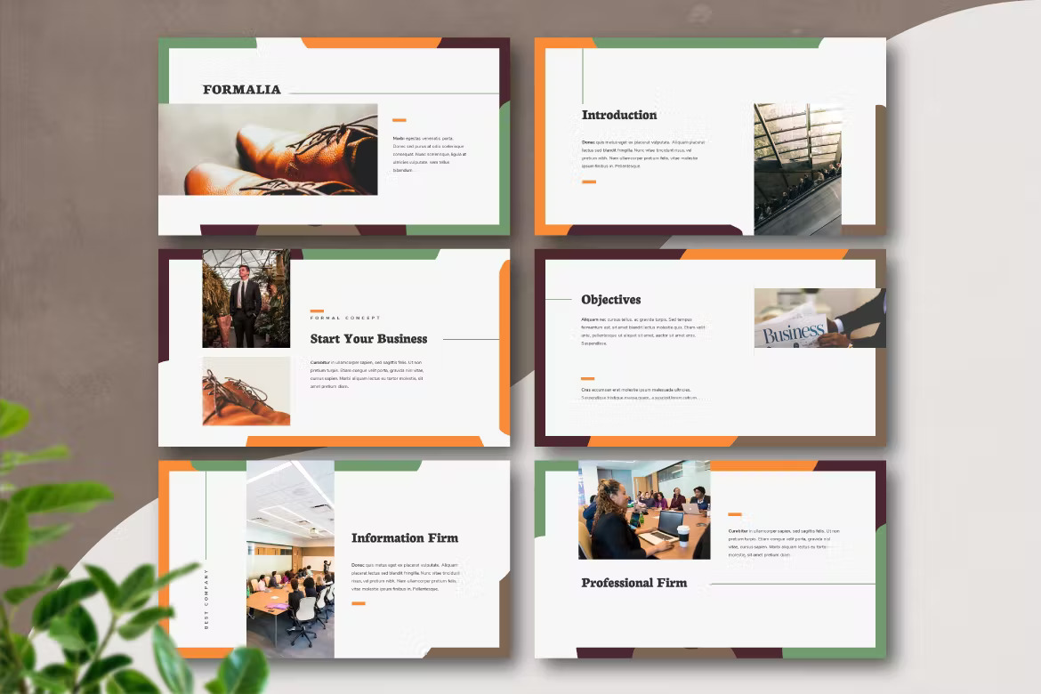 6 different orange, brown and dirty green formalia- formal powerpoint templates.