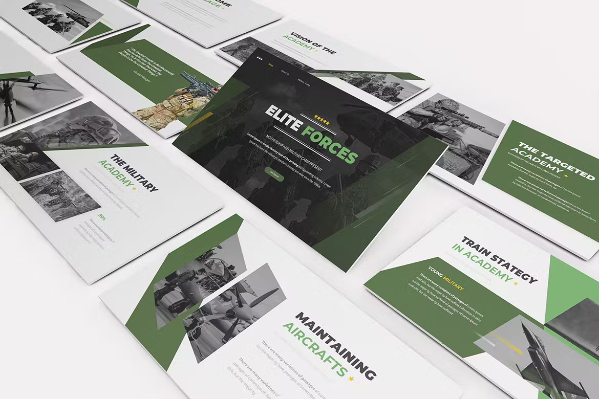 A set of different white, green and dark gray elite forces presentation powerpoint templates on a gray background.