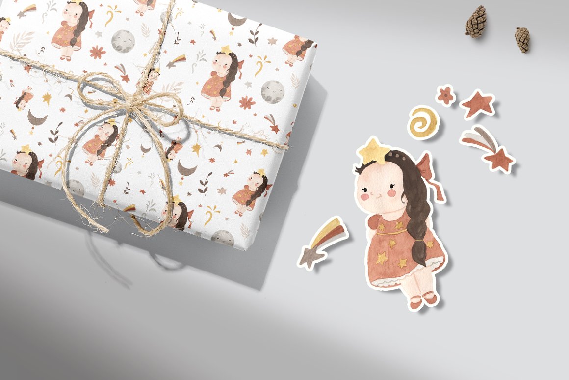 Watercolor stiker with illustration of girl and box in wrapping paper on a gray background.