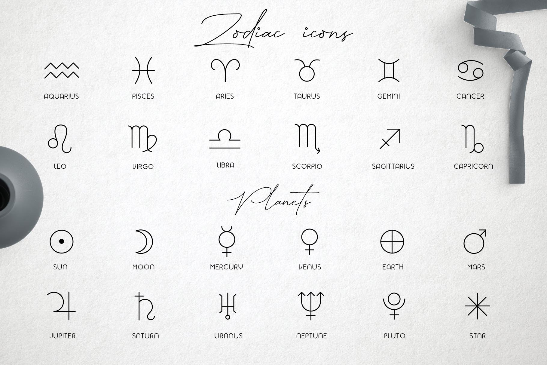 Some laconic zodiac icons and planets for your illustration.