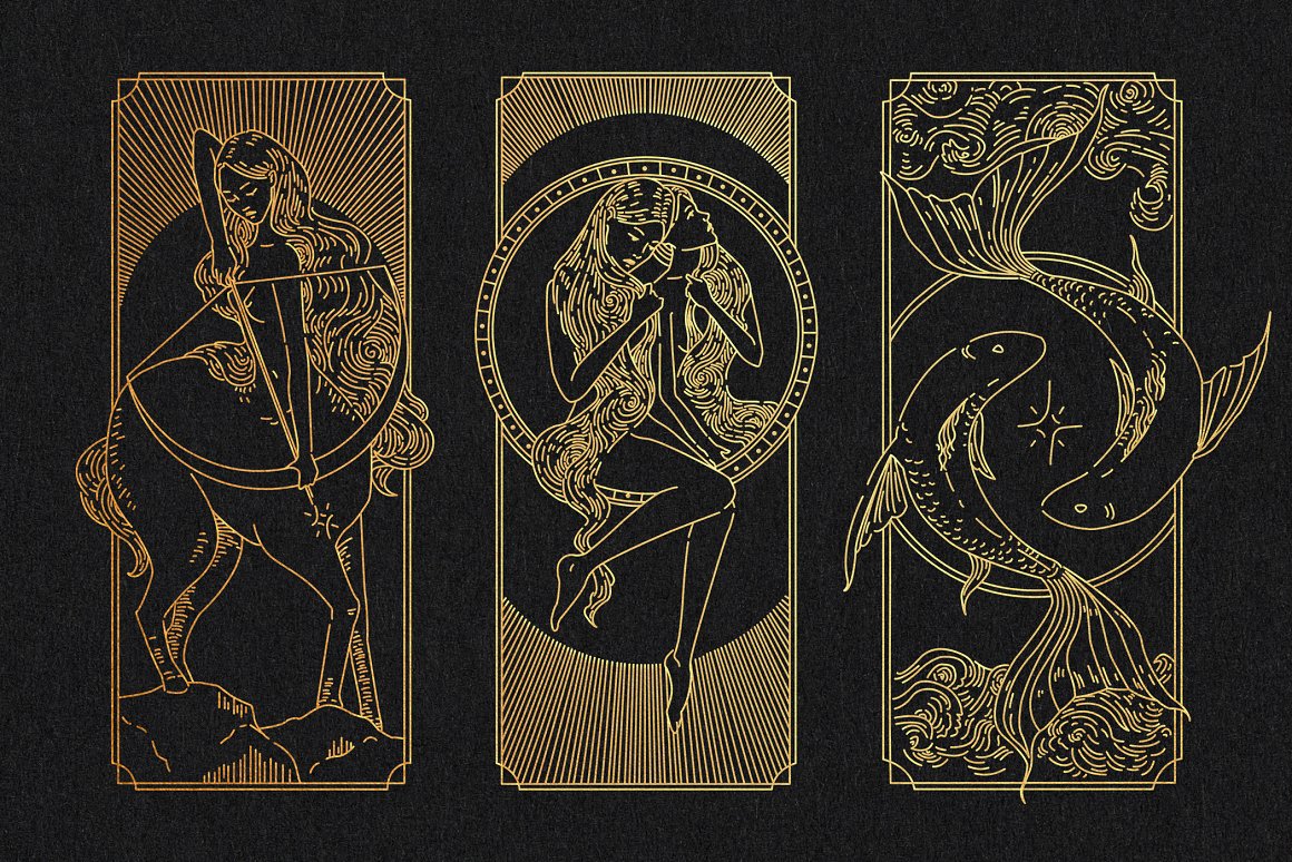 A set of 3 different golden zodiac figures on a black background.