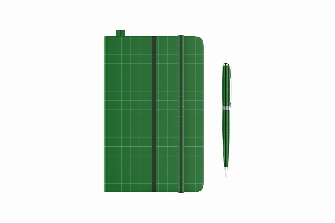 Mockup of a green in a cage notebook with a green pen.