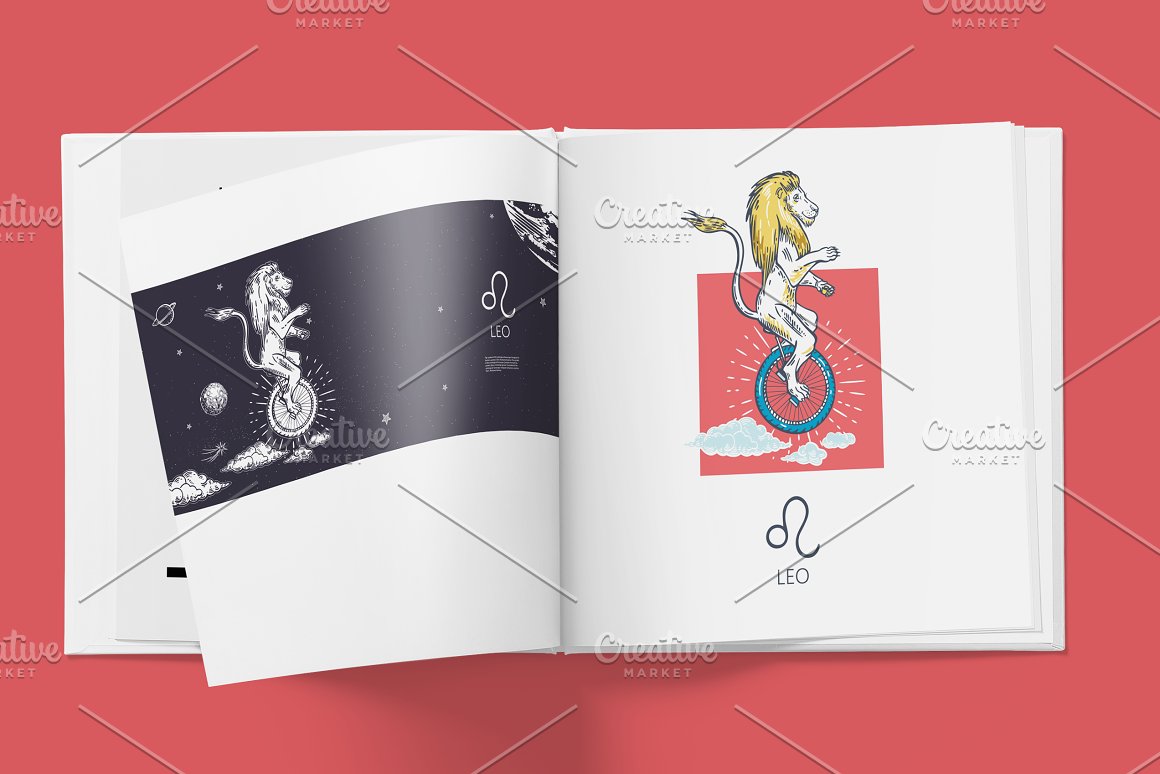 A white notebook with a colorful illustration with a funny zodiac sign - Leo on a pink background.