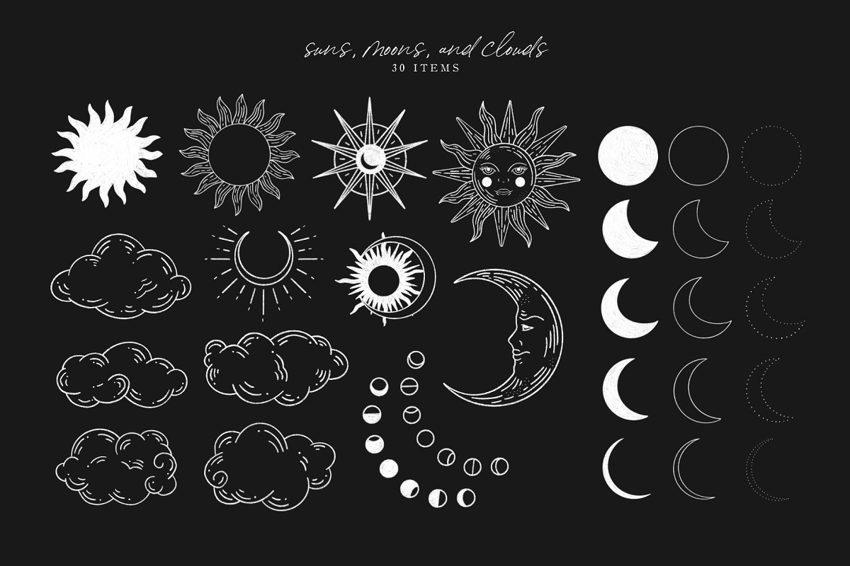 Lined suns, moons and clouds on the dark background.