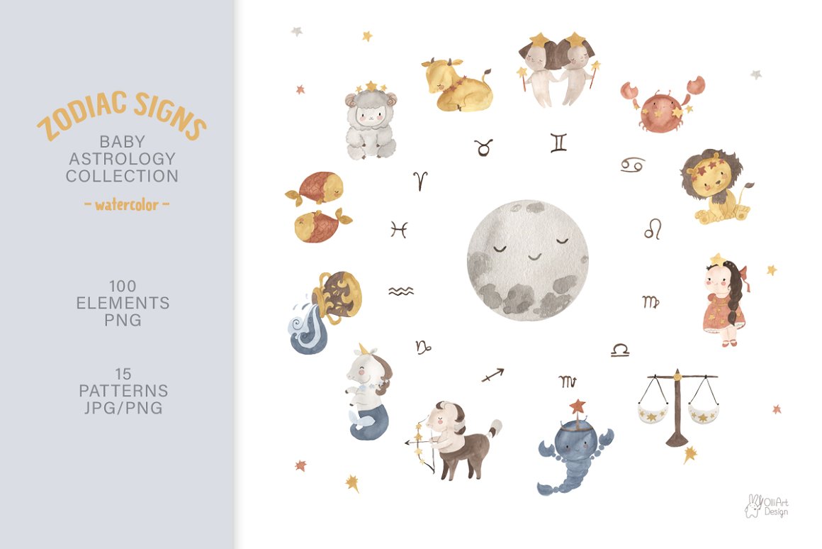 A set of 12 different watercolor baby zodiac signs illustrations on a white background.