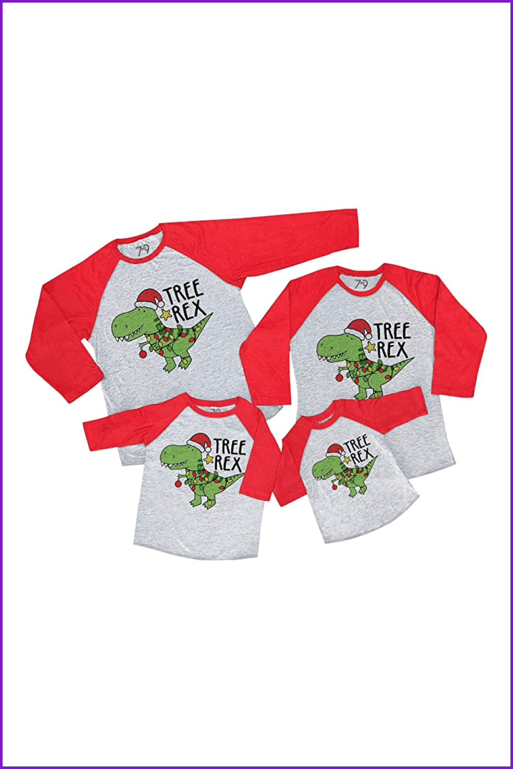 Gray-red sweaters with a cute tyrannosaurus in Christmas tree garlands.