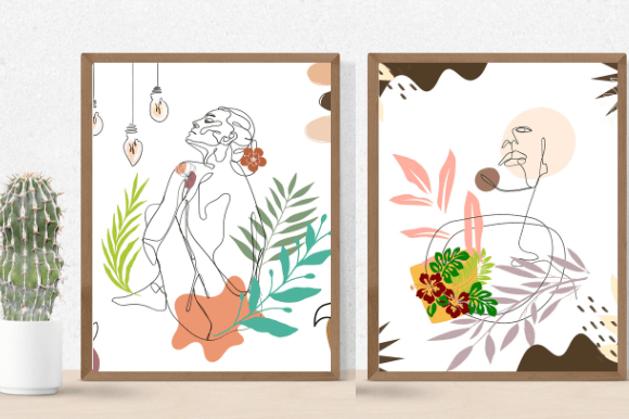 Cactus in a pot and 2 different pictures in brown frames - beautiful woman in line art style on white watercolor backgrounds.