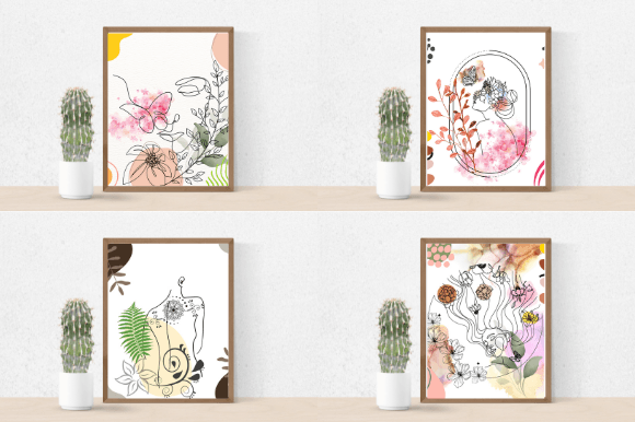 Cactus in a pot and 4 different pictures in brown frames - beautiful woman in line art style on white, pink and beige watercolor backgrounds.