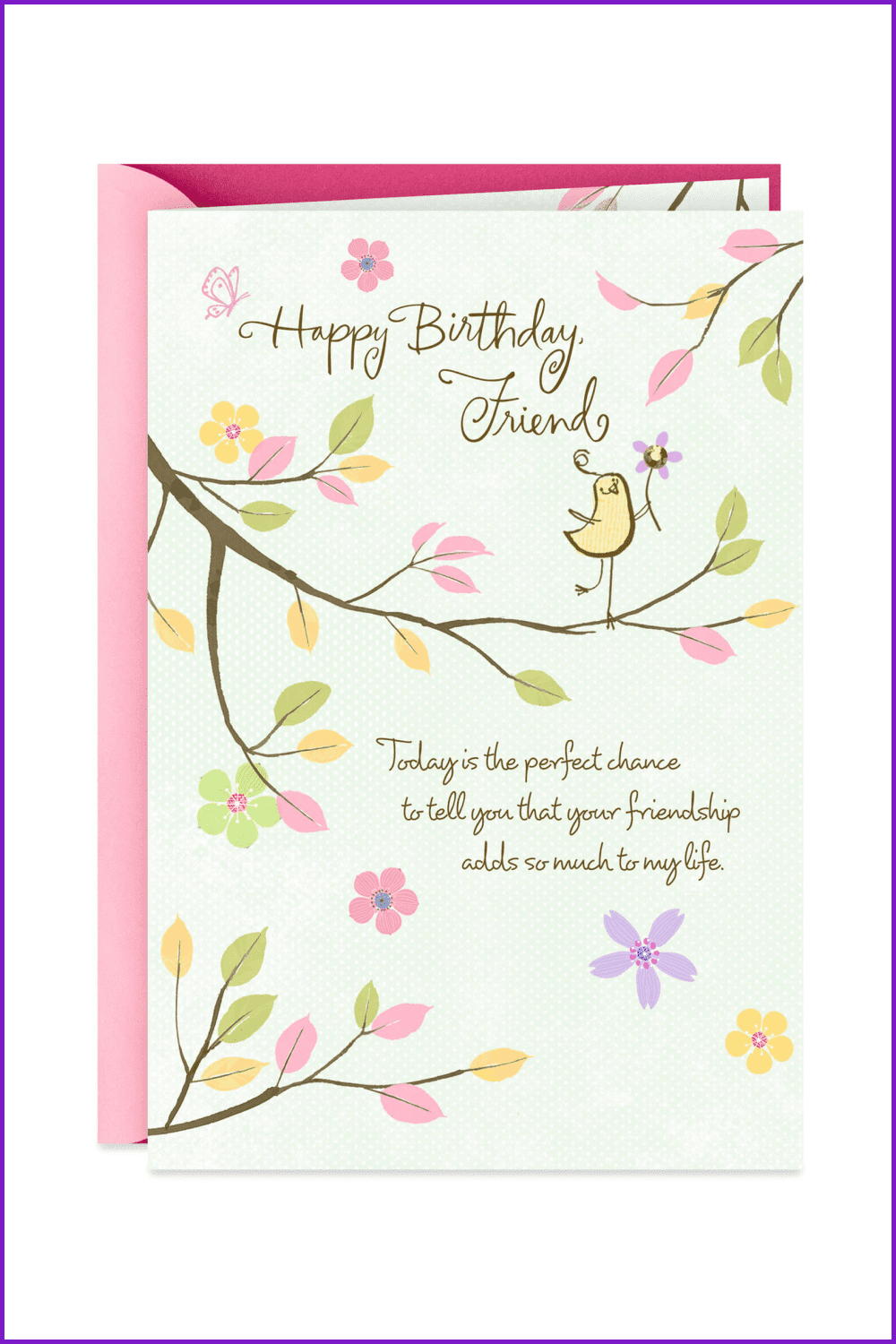 Beige card with flowers and a singing bird on a branch.