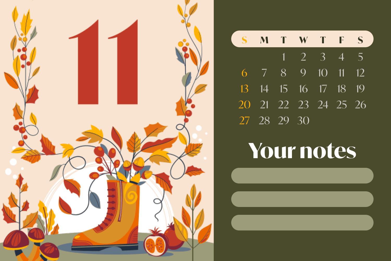 November calendar with drawn shoe, leaves, mushrooms, berries and space for notes.